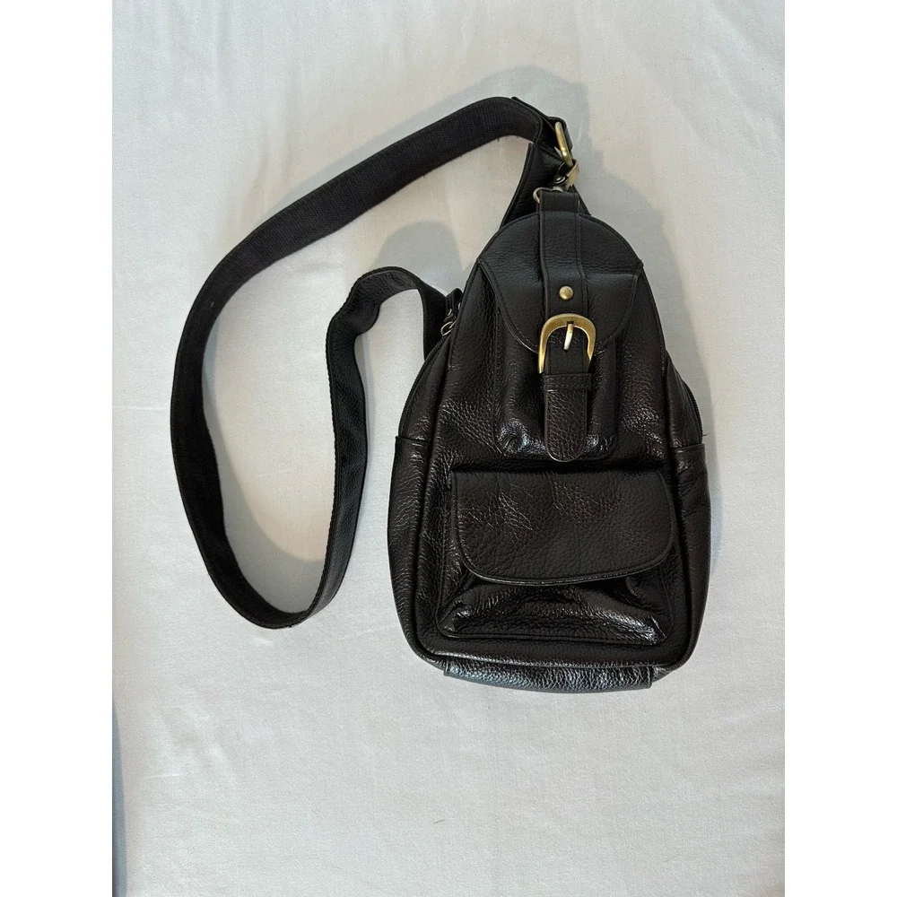 Black Leather Messenger Sling Bag with Gold Buckle